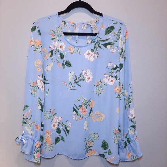 ROSE & THYME Floral Flare Tie Cuff Long Sleeve Blouse Keyhole Scoop Neck - Picture 11 of 12